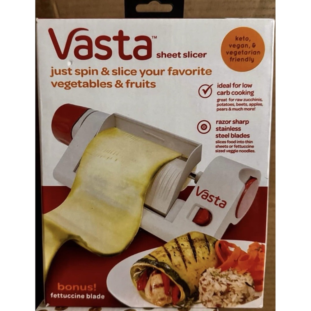 Vasta Vegetable & Fruit Sheet Slicer Manual w/ Handles, Bonus Fettuccine Blade